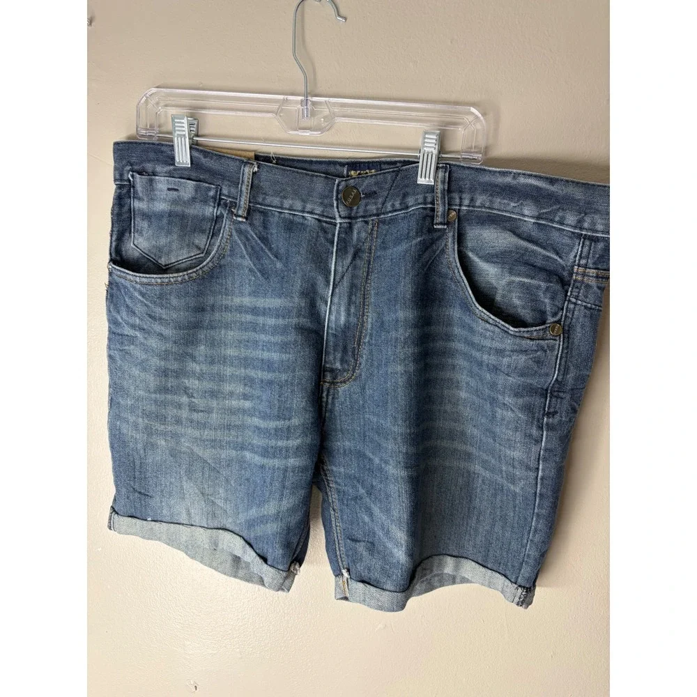 F.U.S.A.I. Mens Denim Shorts Size 40 Blue Medium Wash Cuffed Embroidered Pockets